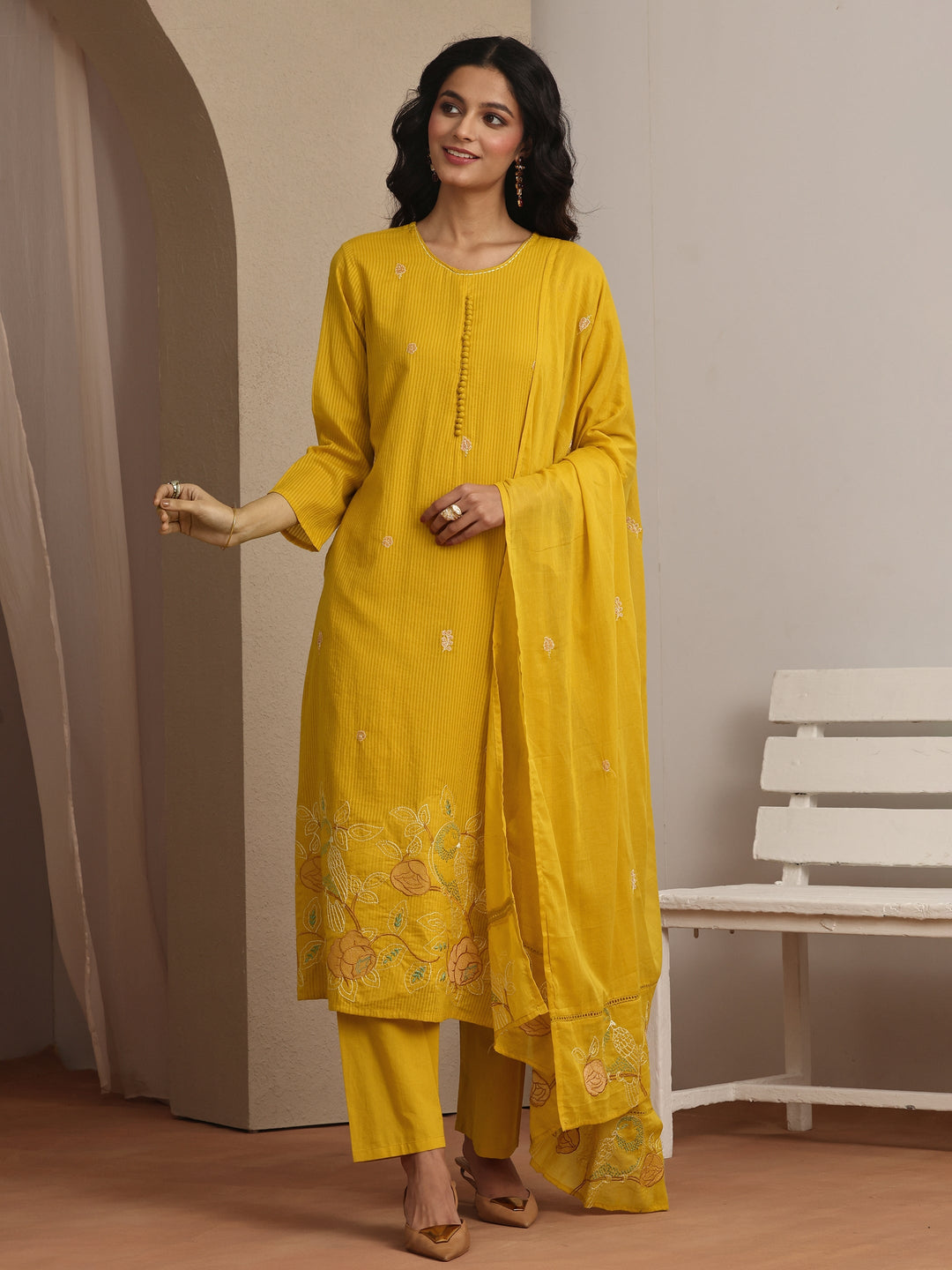  Mustard Embroidered Cotton Straight Suit Set With Dupatta 