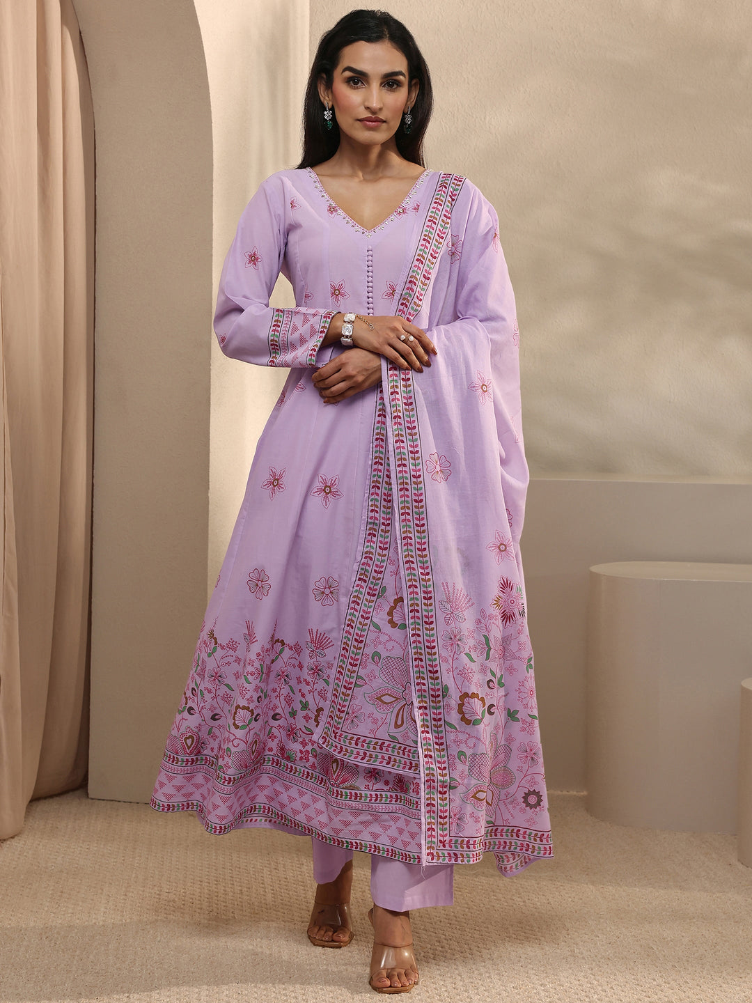  Lavender Printed Cotton Anarkali Suit Set With Dupatta 