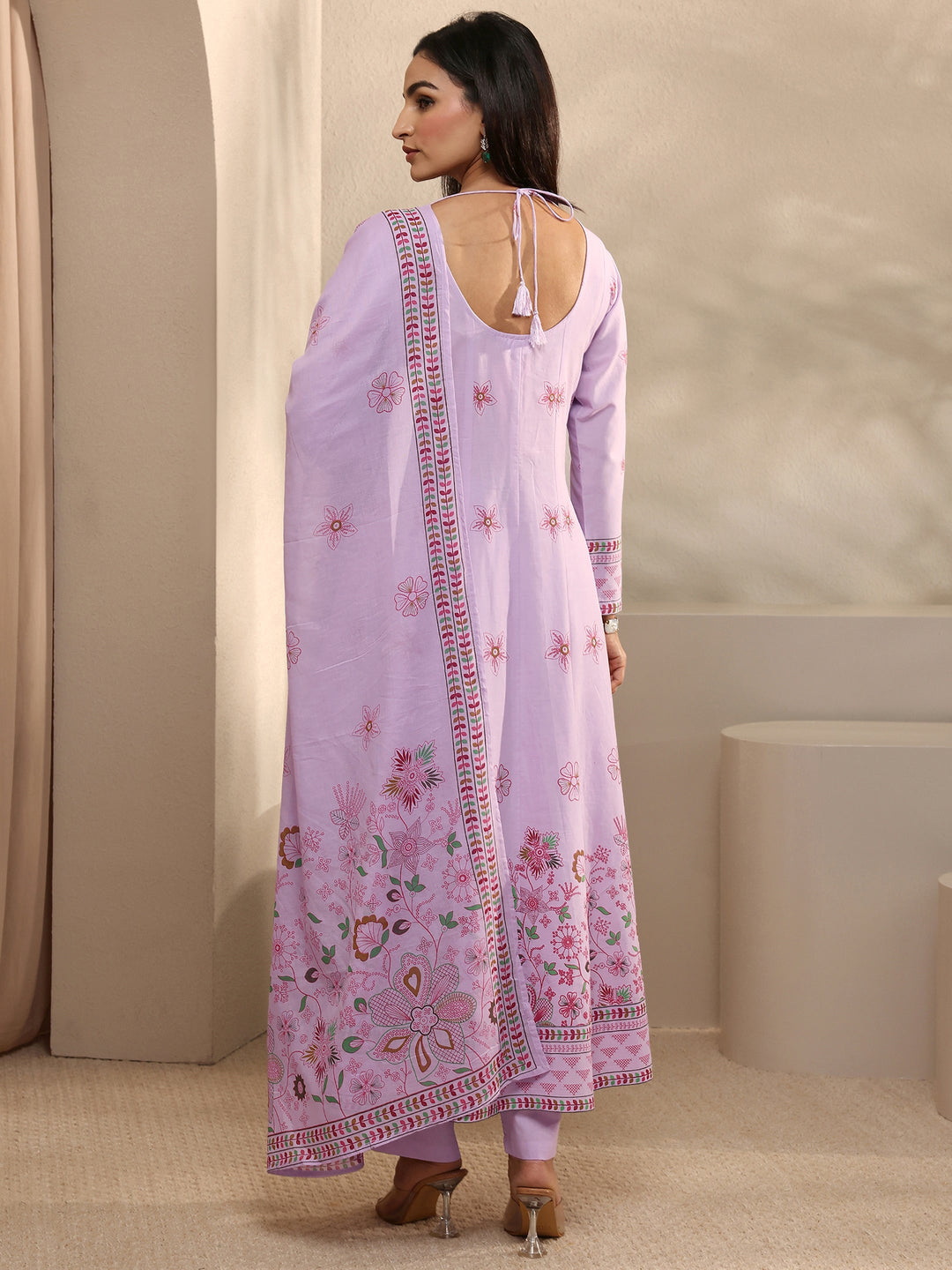  Lavender Printed Cotton Anarkali Suit Set With Dupatta 