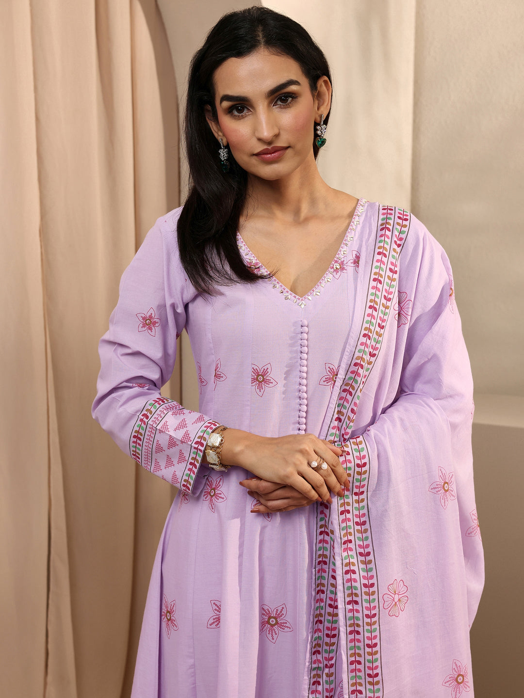  Lavender Printed Cotton Anarkali Suit Set With Dupatta 