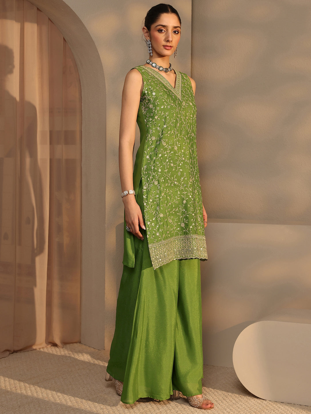  Green Embellished Chinon Palazzo Suit Set With Dupatta 