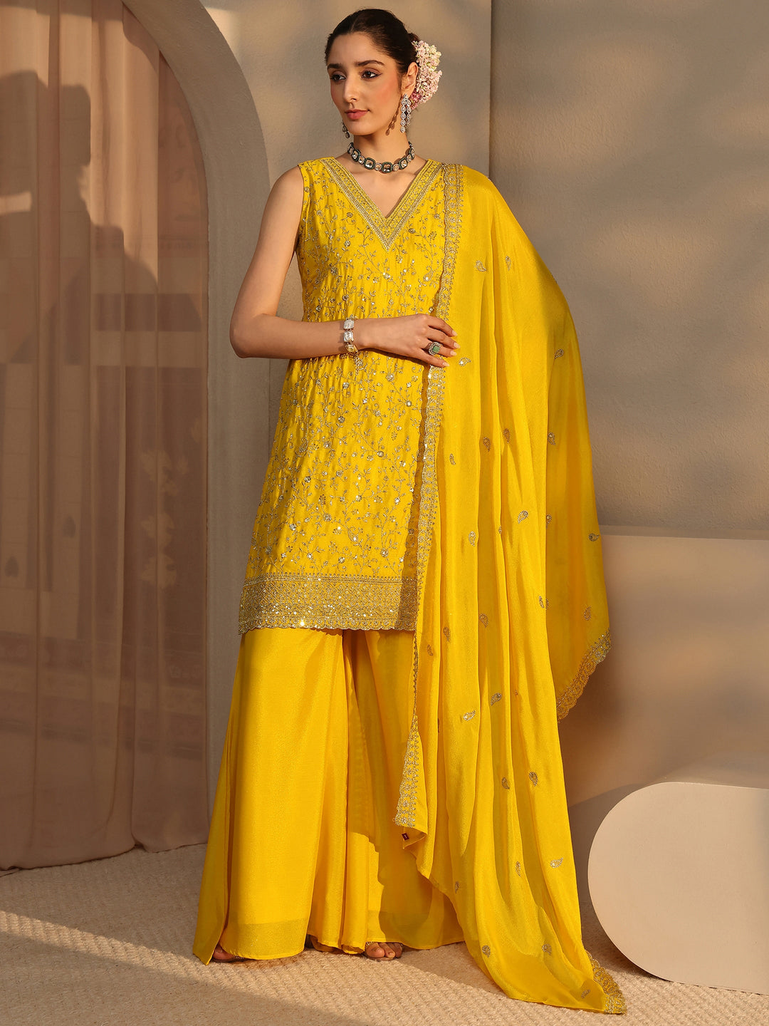  Yellow Embellished Chinon Palazzo Suit Set With Dupatta 