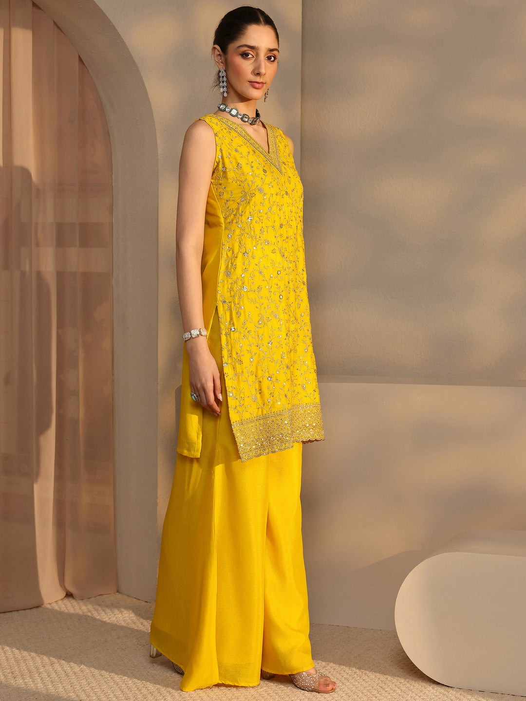  Yellow Embellished Chinon Palazzo Suit Set With Dupatta 