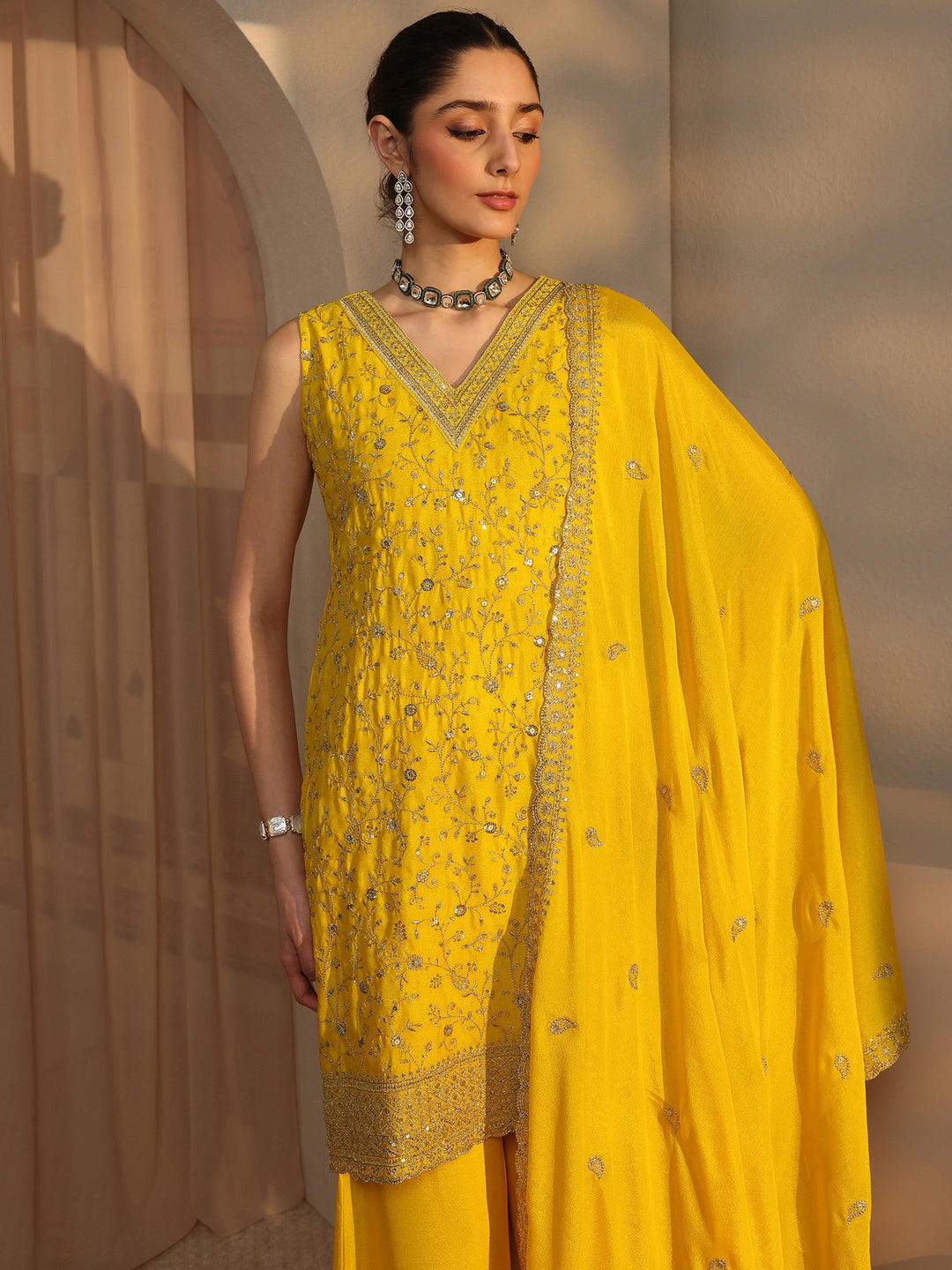  Yellow Embellished Chinon Palazzo Suit Set With Dupatta 
