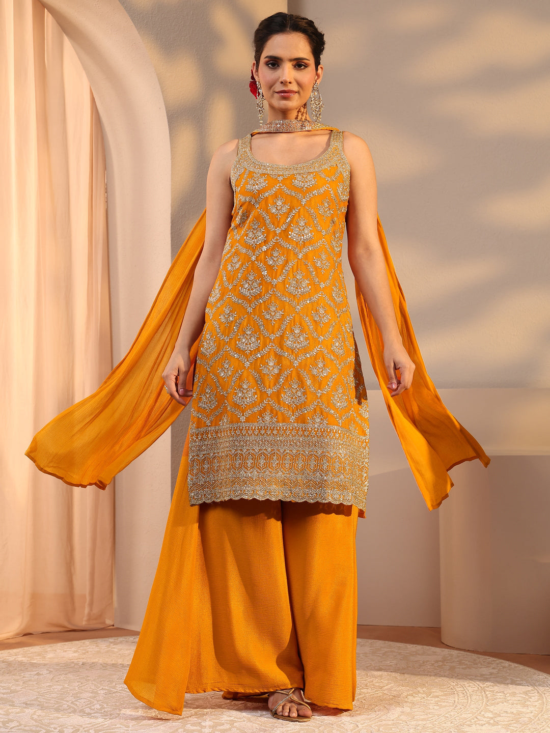  Mustard Embellished Chinon Palazzo Suit Set With Dupatta 