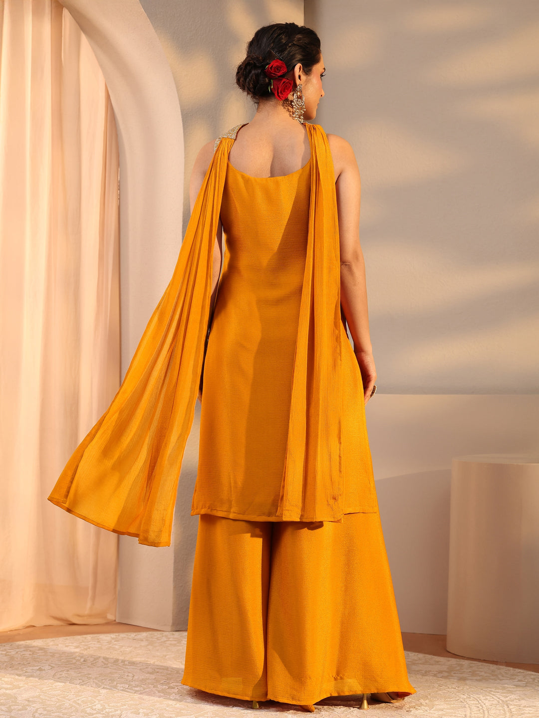  Mustard Embellished Chinon Palazzo Suit Set With Dupatta 