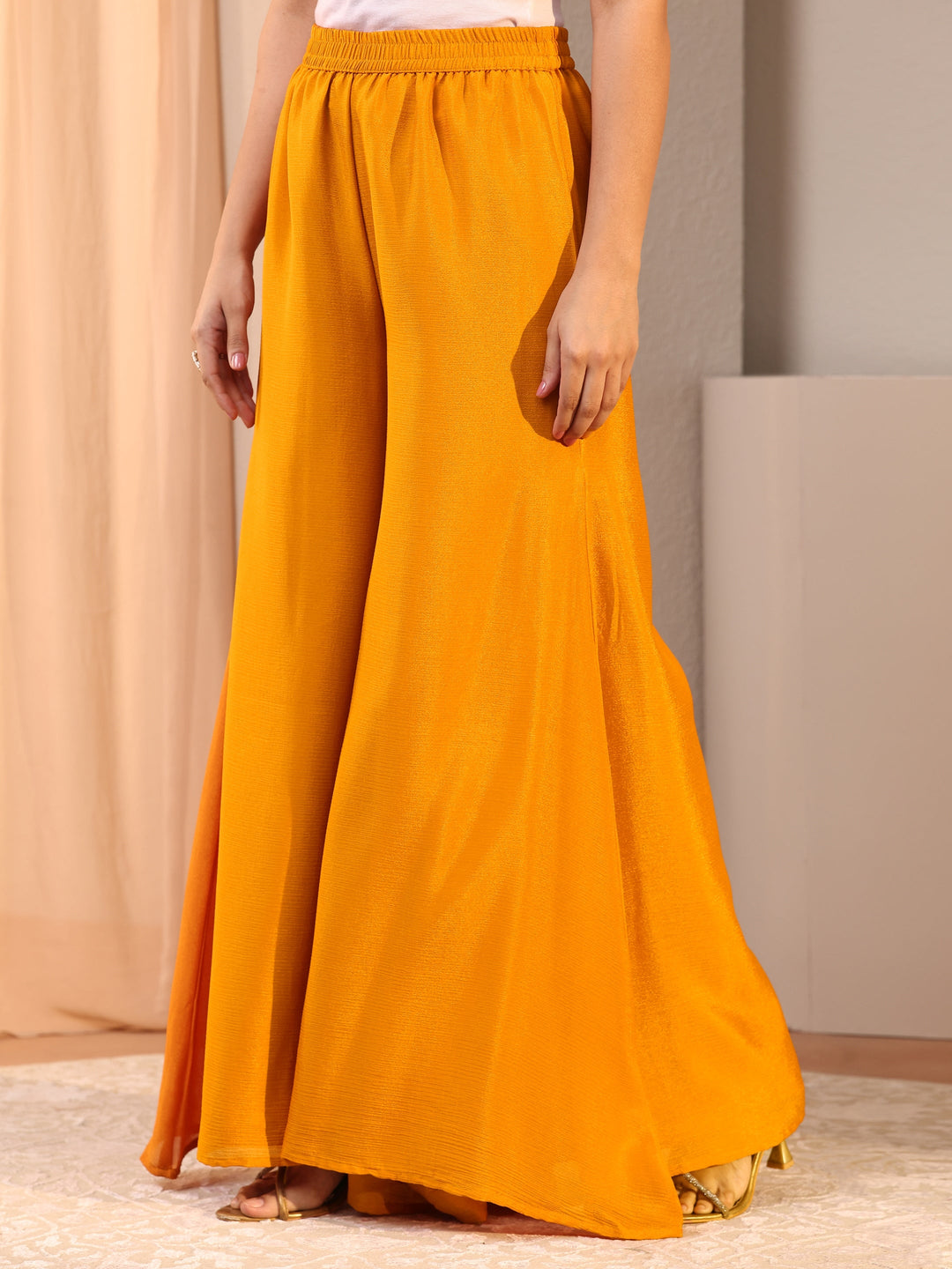  Mustard Embellished Chinon Palazzo Suit Set With Dupatta 