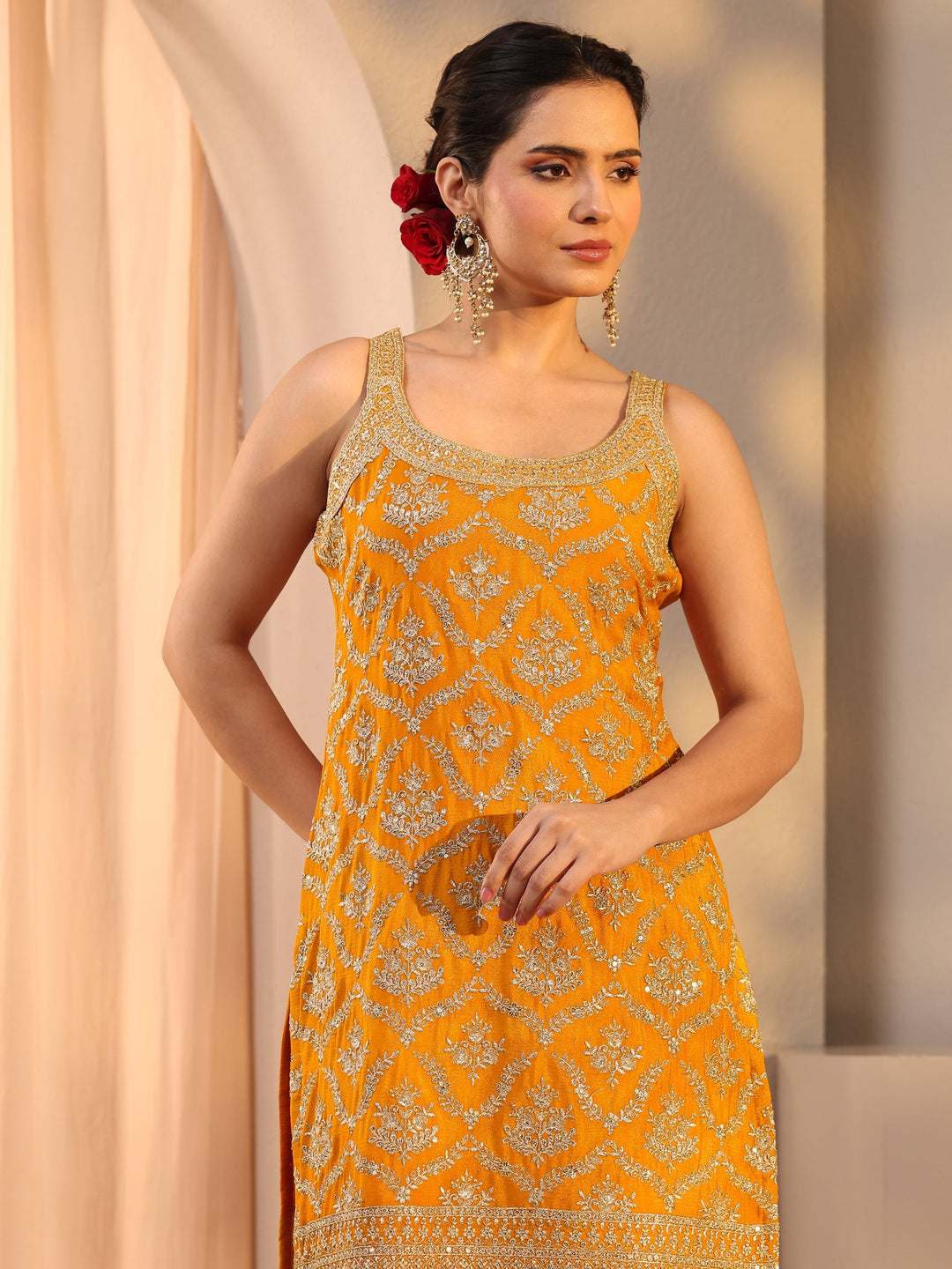  Mustard Embellished Chinon Palazzo Suit Set With Dupatta 