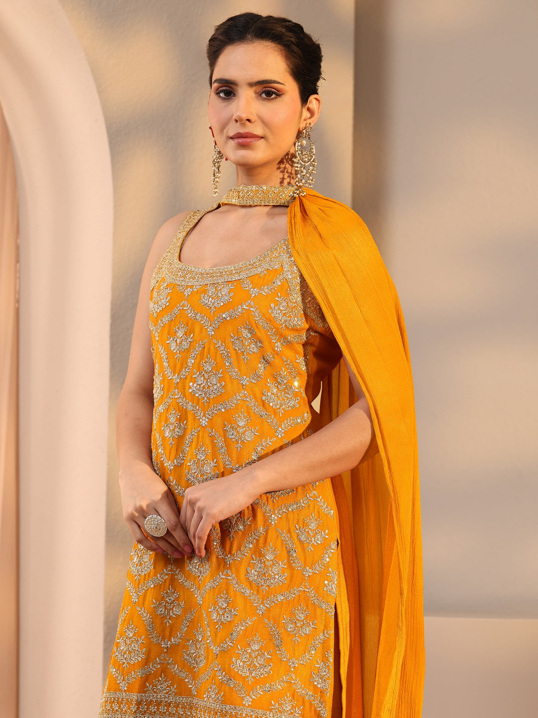  Mustard Embellished Chinon Palazzo Suit Set With Dupatta 