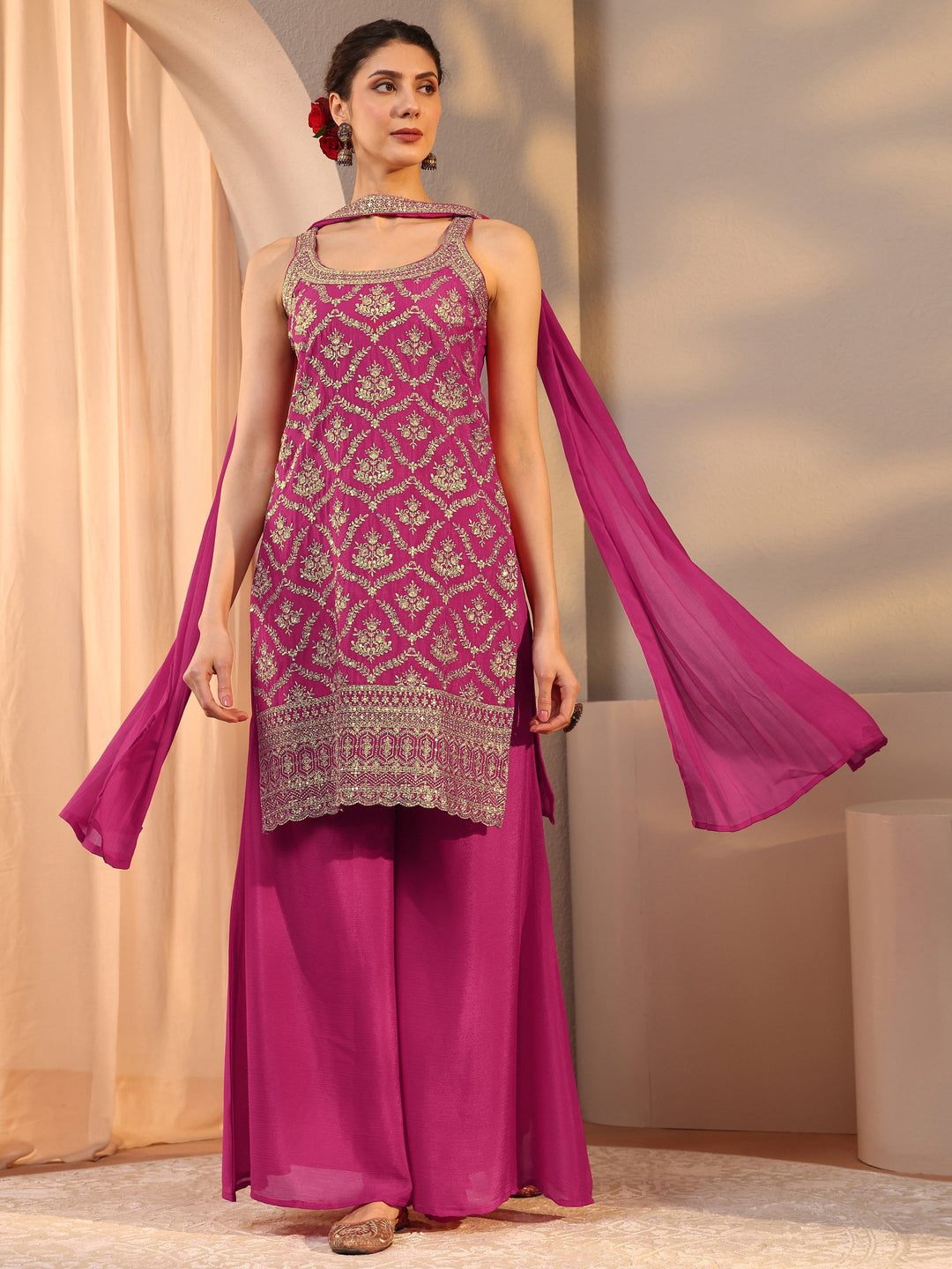  Pink Embellished Chinon Palazzo Suit Set With Dupatta 