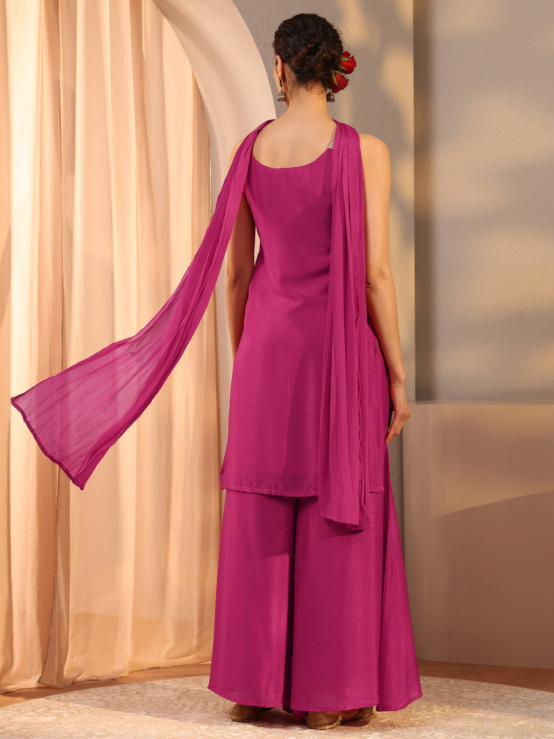  Pink Embellished Chinon Palazzo Suit Set With Dupatta 