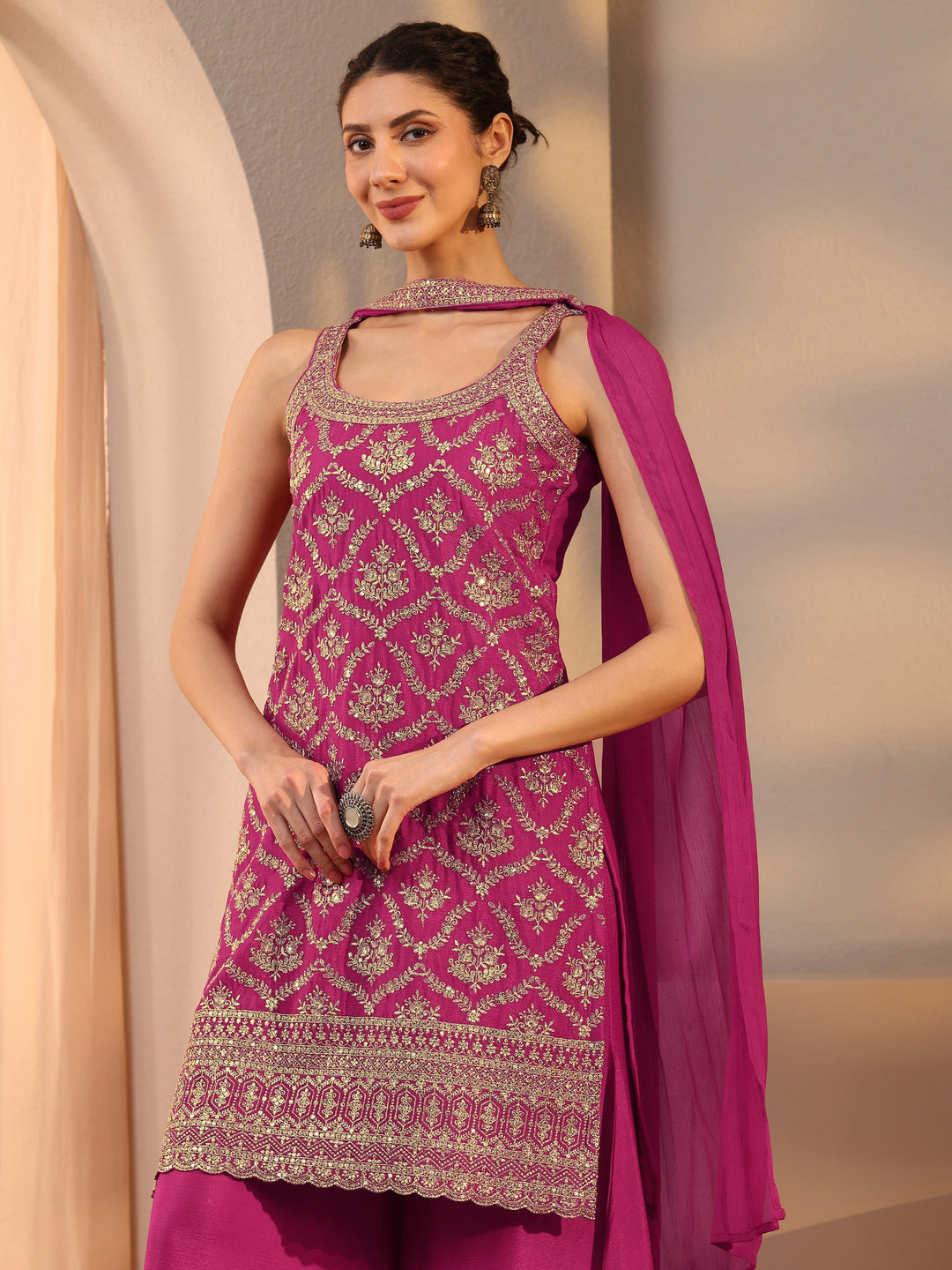  Pink Embellished Chinon Palazzo Suit Set With Dupatta 