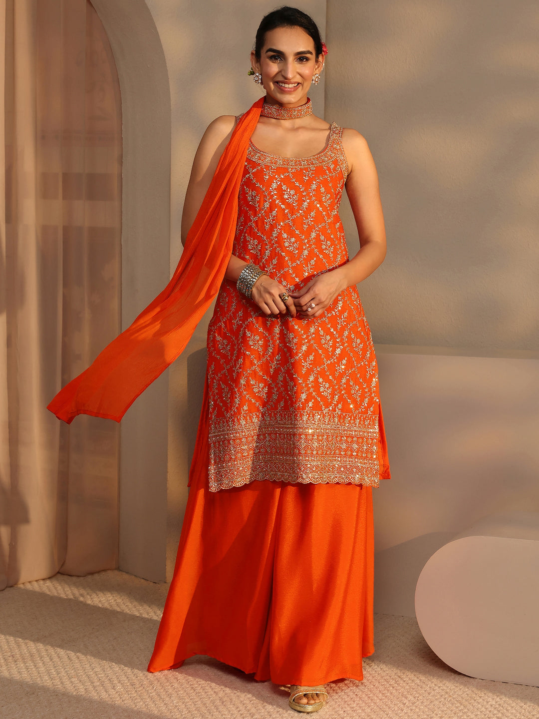  Orange Embellished Chinon Palazzo Suit Set With Dupatta 