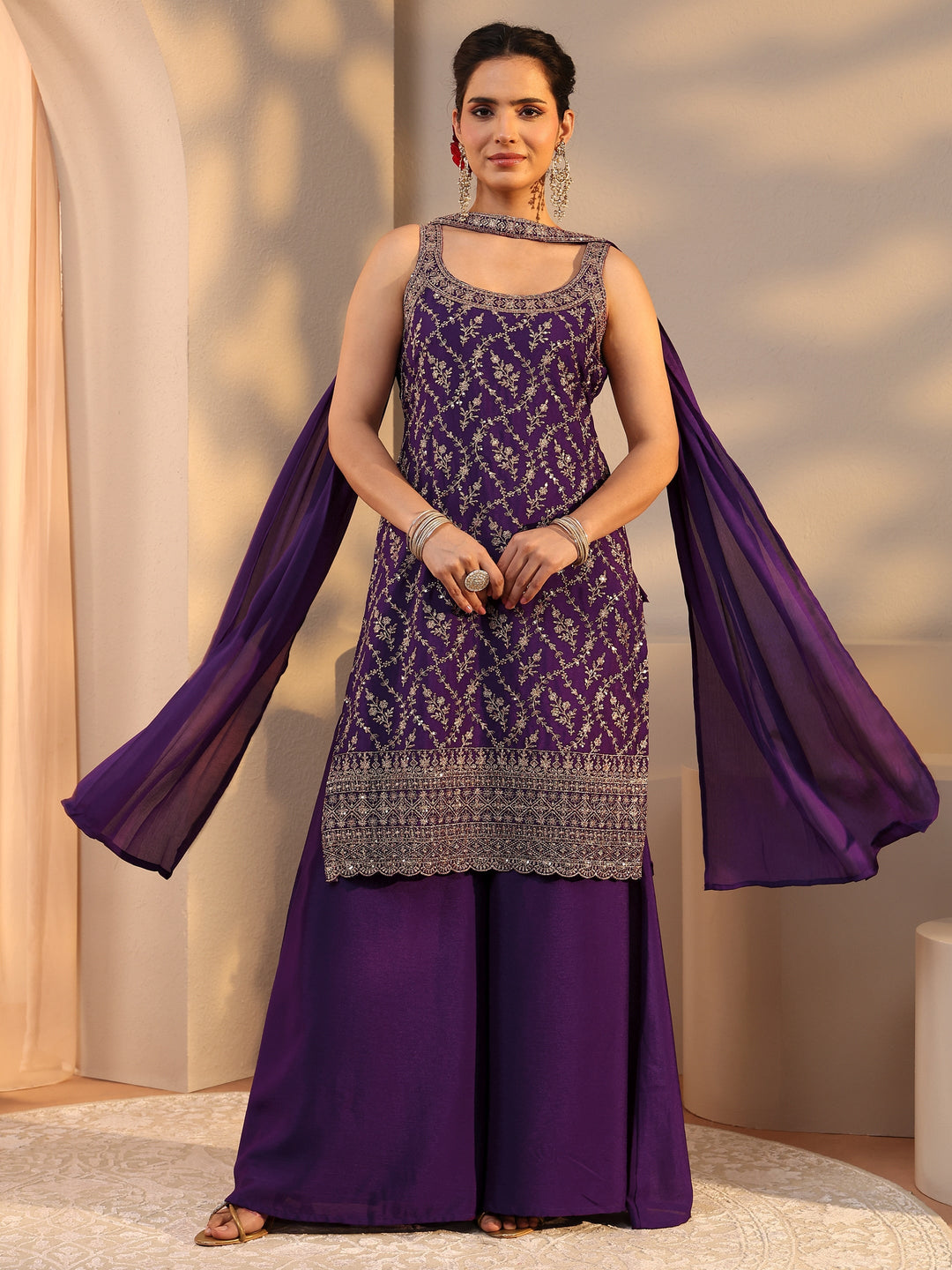 Purple Woven Design Cotton Straight Kurta