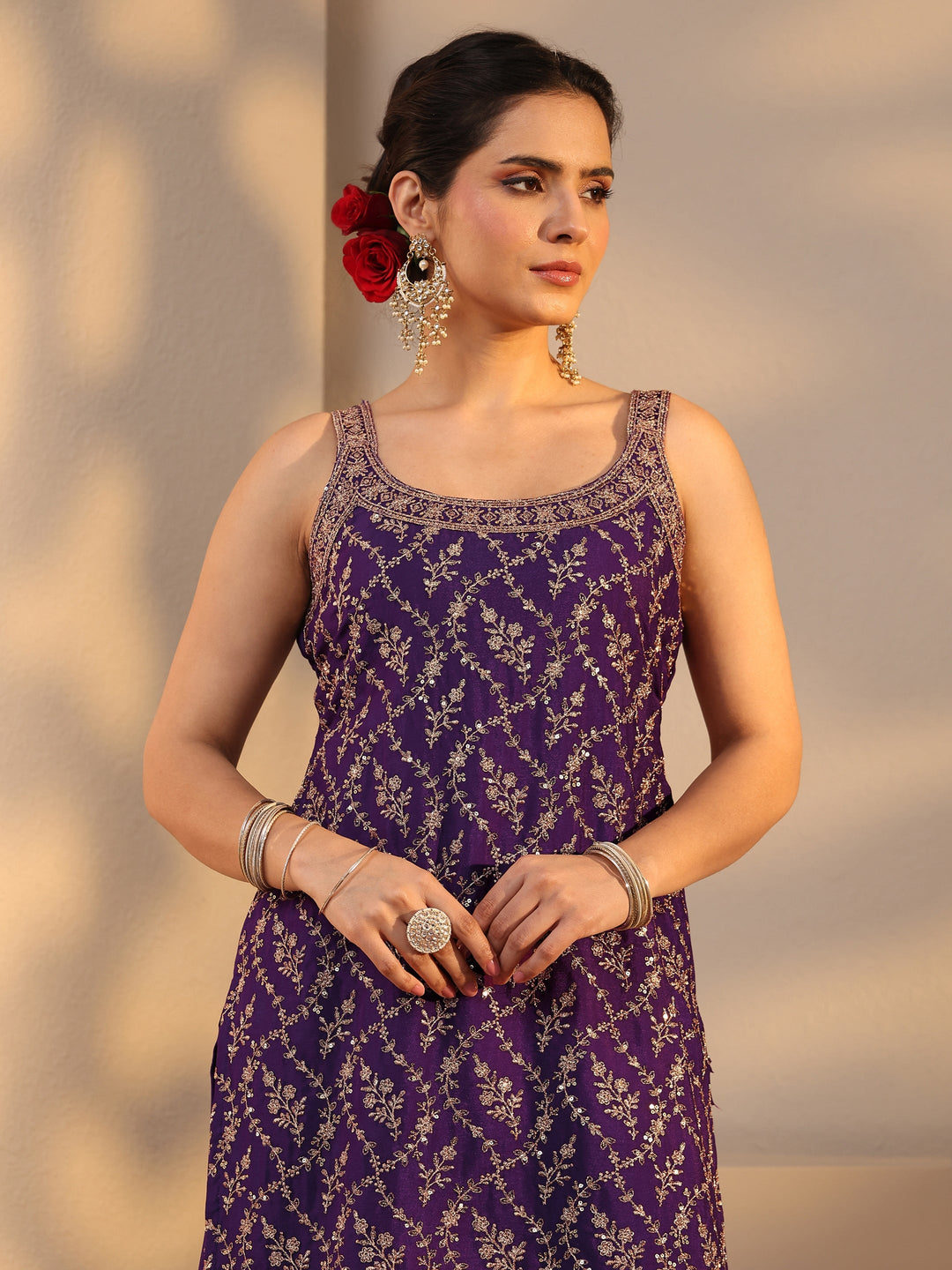  Purple Embellished Chinon Palazzo Suit Set With Dupatta 