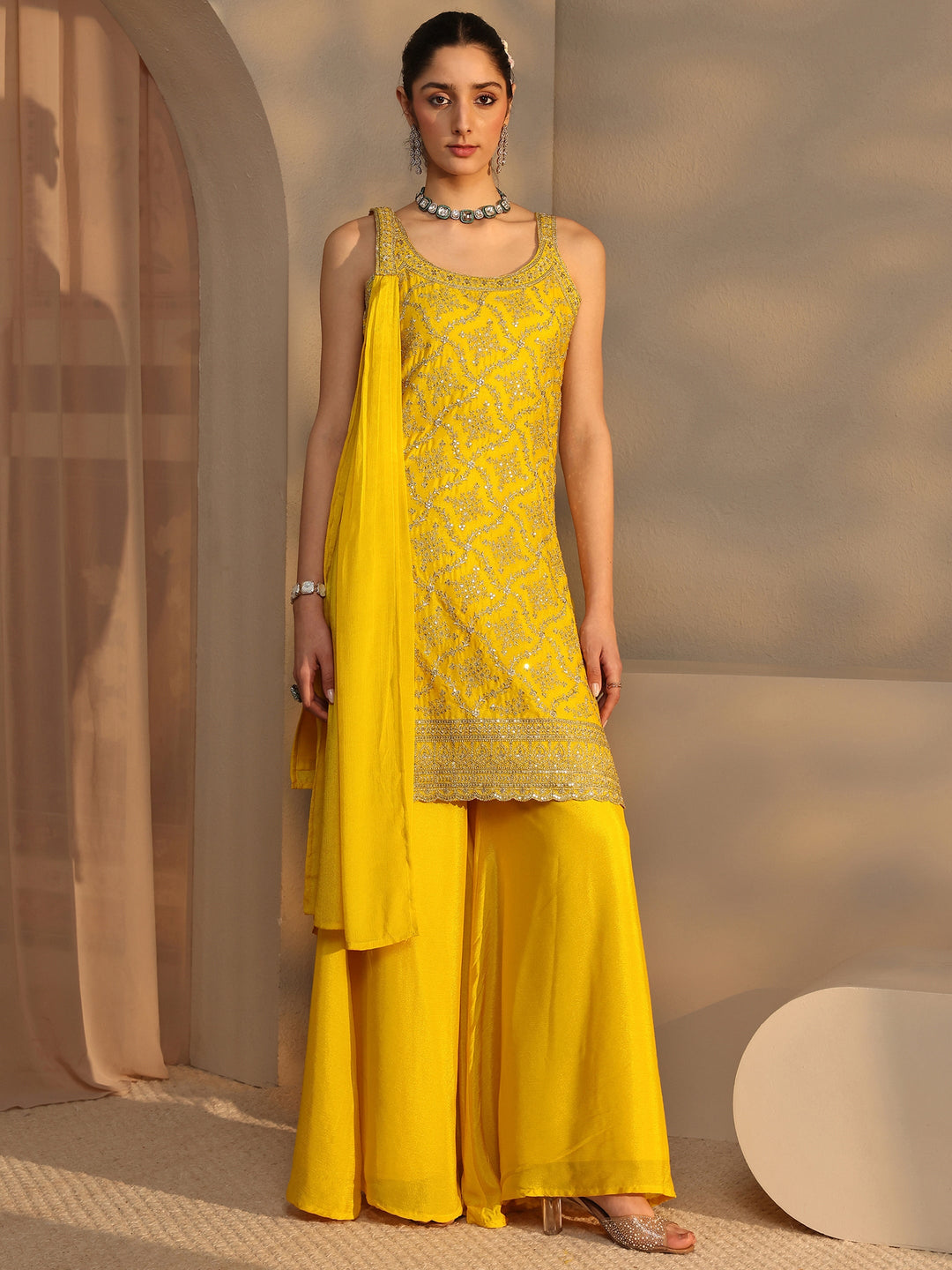  Yellow Embellished Chinon Palazzo Suit Set With Dupatta 