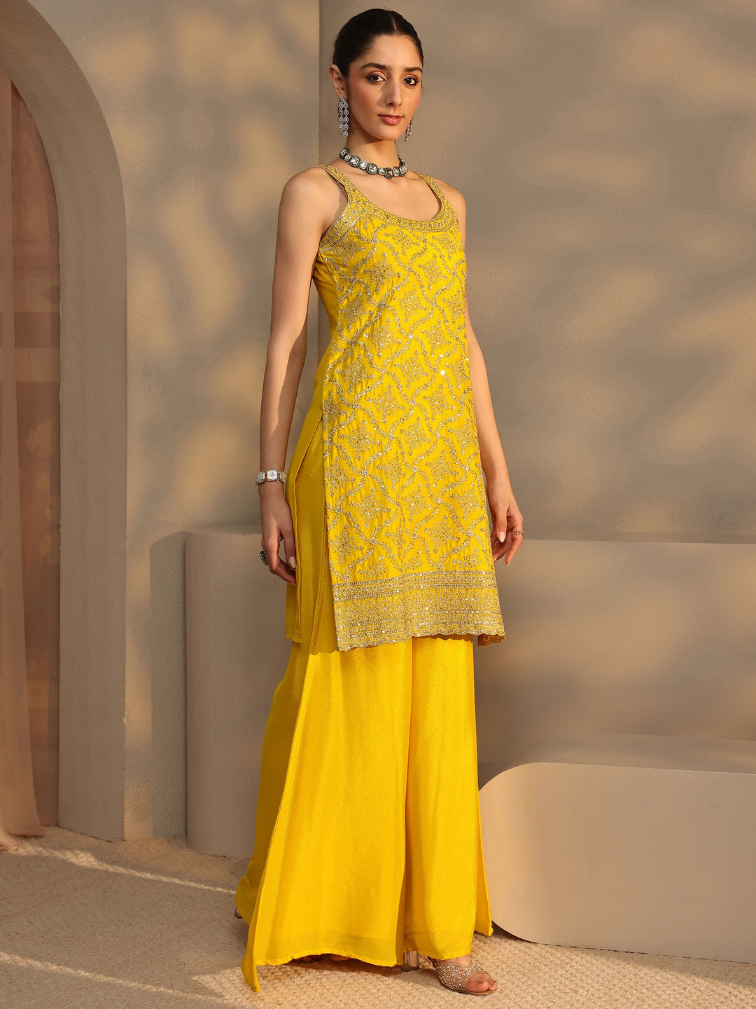  Yellow Embellished Chinon Palazzo Suit Set With Dupatta 