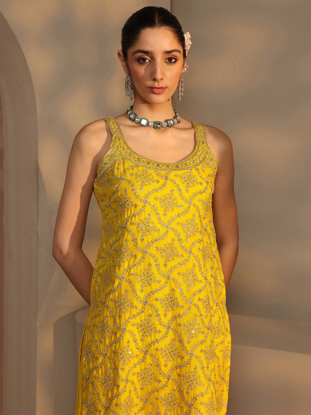  Yellow Embellished Chinon Palazzo Suit Set With Dupatta 