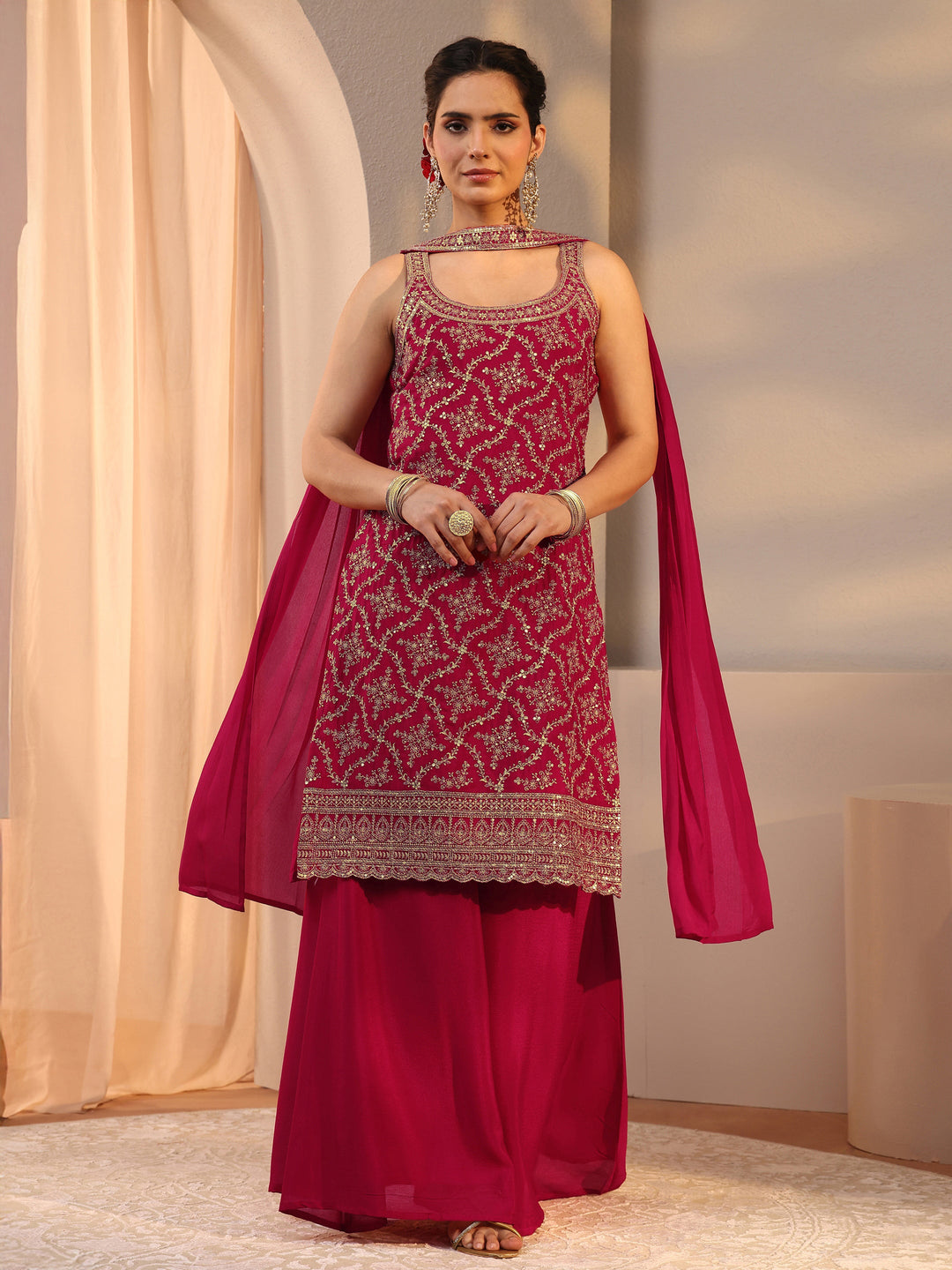  Red Embellished Chinon Palazzo Suit Set With Dupatta 