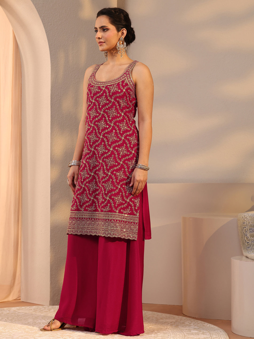  Red Embellished Chinon Palazzo Suit Set With Dupatta 