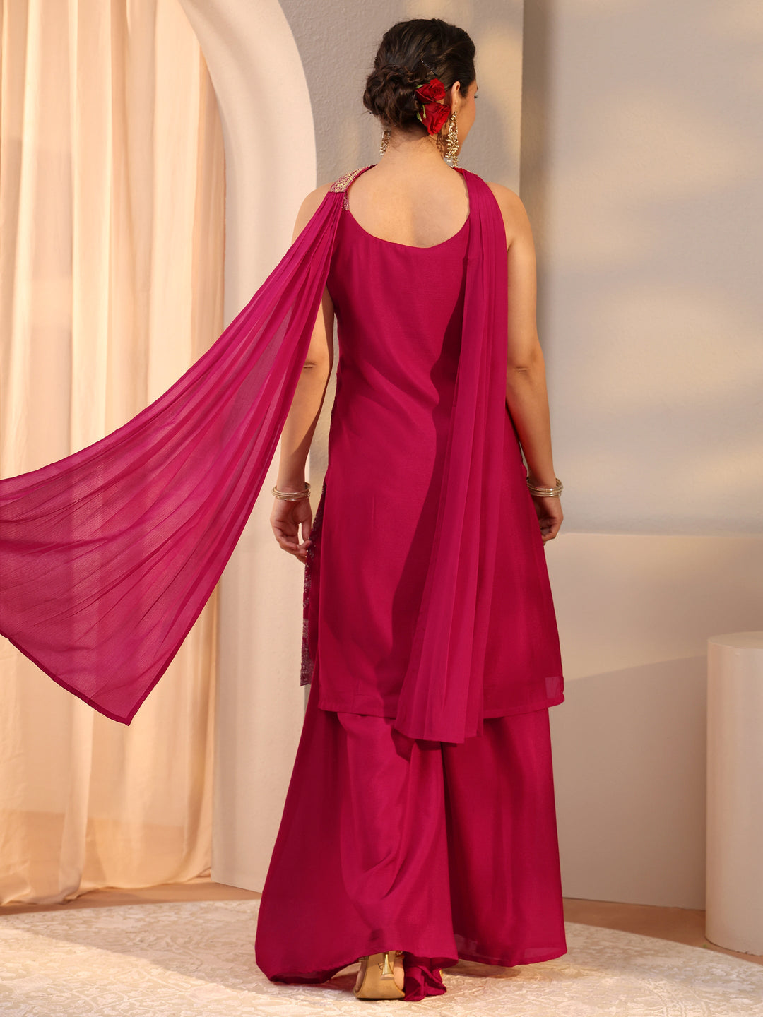  Red Embellished Chinon Palazzo Suit Set With Dupatta 