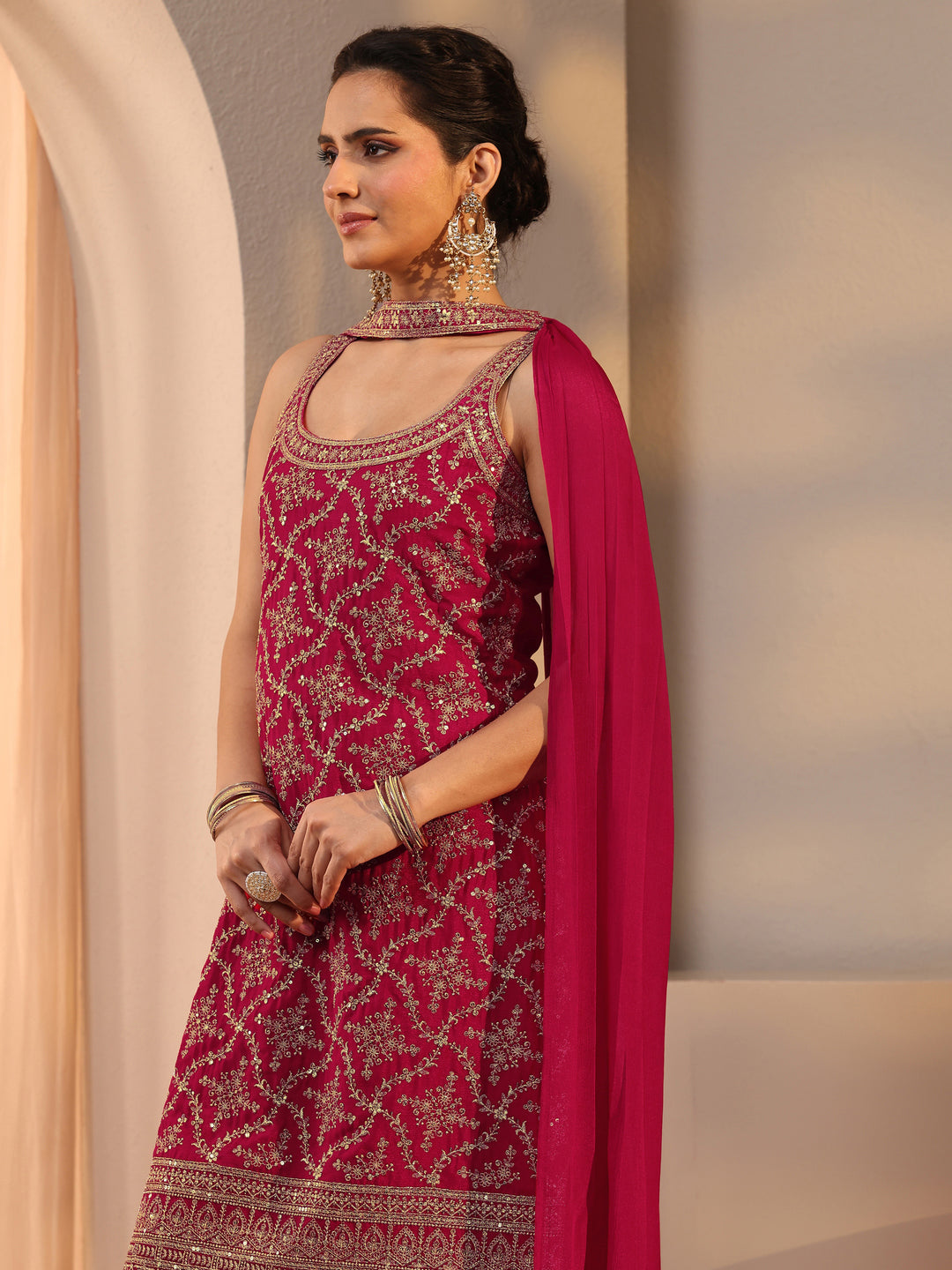  Red Embellished Chinon Palazzo Suit Set With Dupatta 