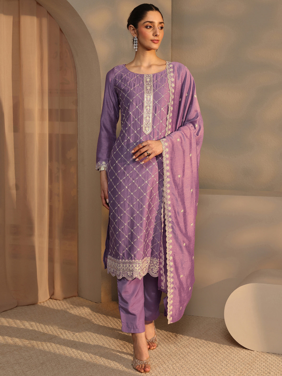  Purple Embroidered Silk Blend Straight Suit Set With Dupatta 