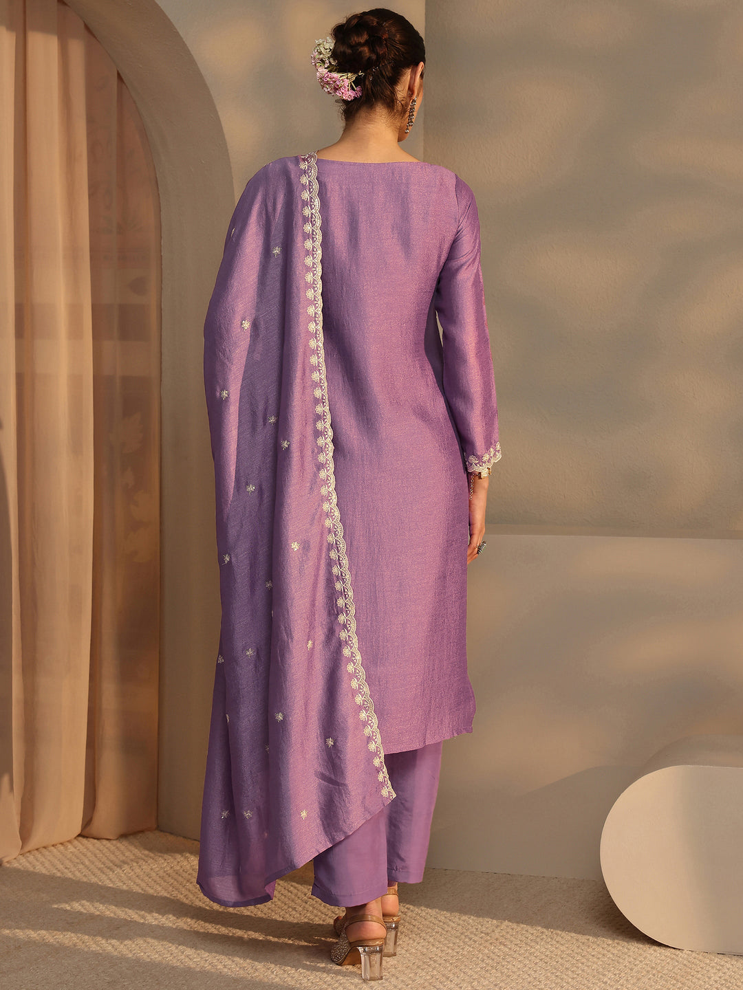  Purple Embroidered Silk Blend Straight Suit Set With Dupatta 