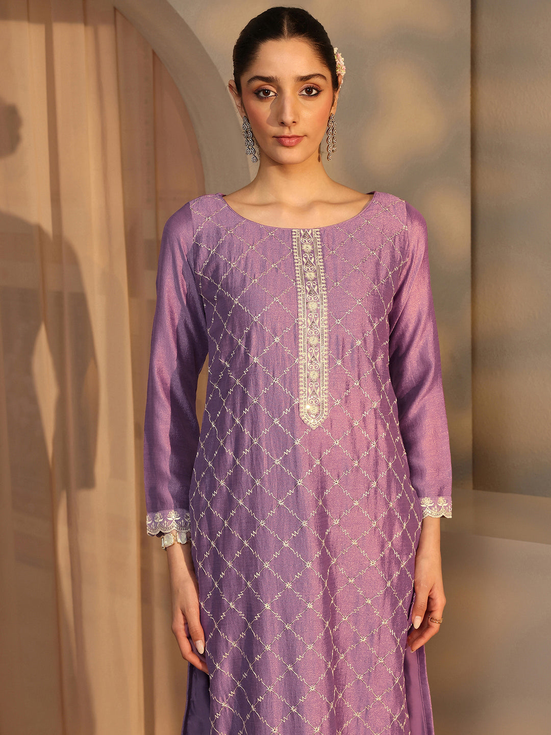  Purple Embroidered Silk Blend Straight Suit Set With Dupatta 