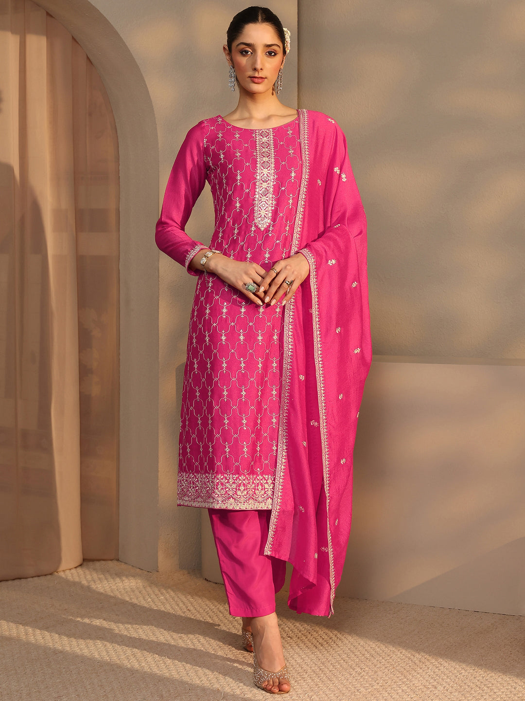  Pink Embroidered Silk Blend Straight Suit Set With Dupatta 