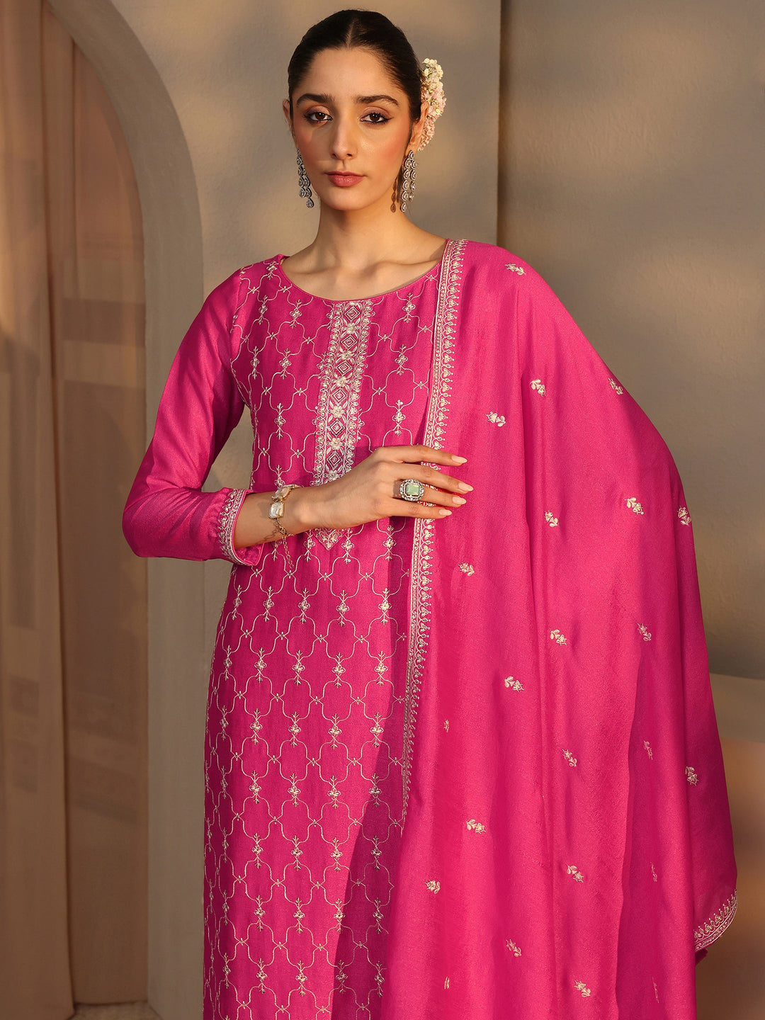  Pink Embroidered Silk Blend Straight Suit Set With Dupatta 