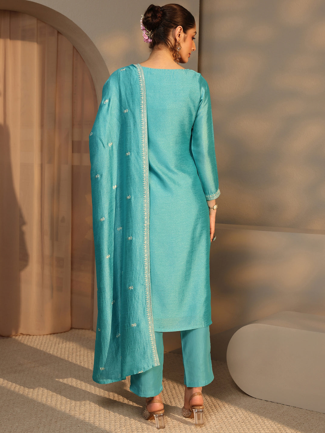  Blue Embroidered Silk Blend Straight Suit Set With Dupatta 