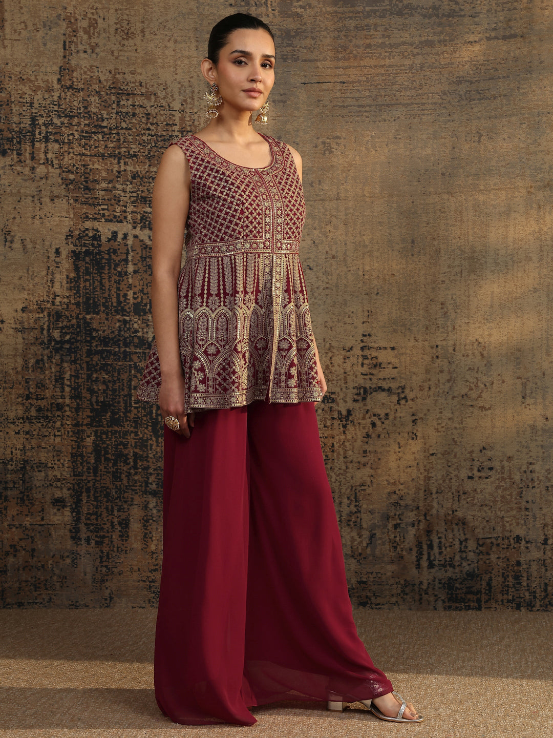  Red Embroidered Georgette A-Line Suit Set With Dupatta 