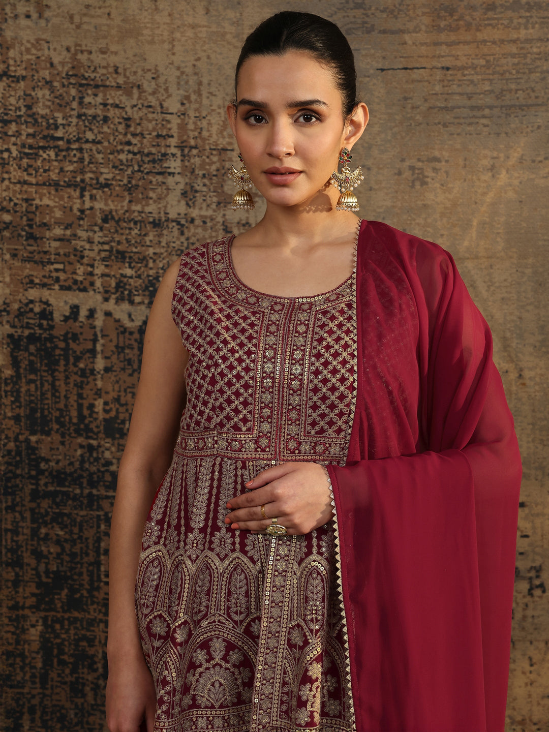  Red Embroidered Georgette A-Line Suit Set With Dupatta 