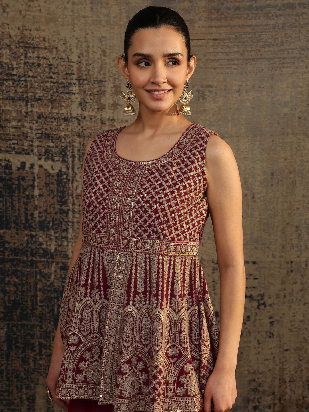  Red Embroidered Georgette A-Line Suit Set With Dupatta 