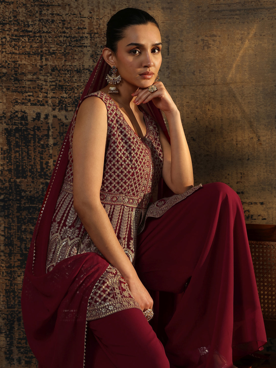  Red Embroidered Georgette A-Line Suit Set With Dupatta 