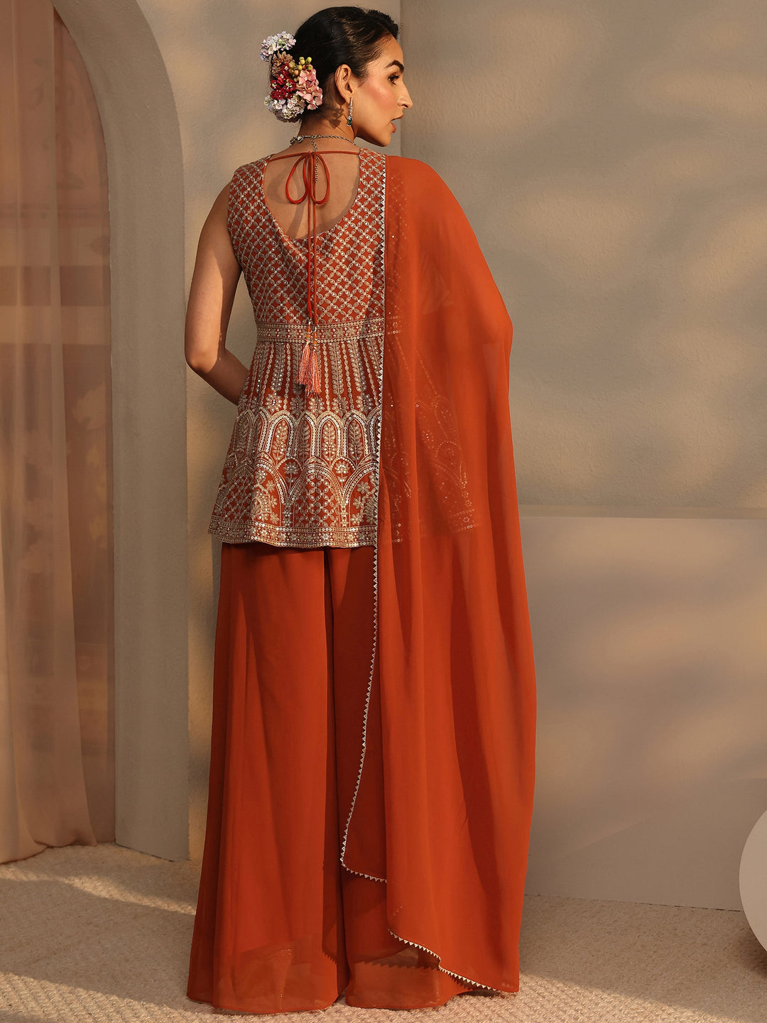  Orange Embroidered Georgette Peplum Suit Set With Dupatta 