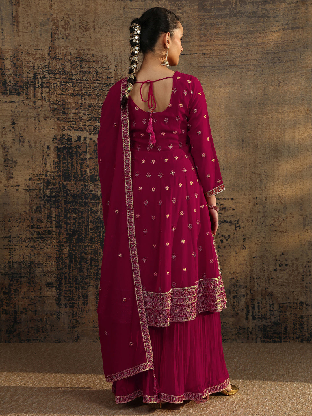  Libas Art Pink Embroidered Georgette Anarkali Suit Set With Dupatta 