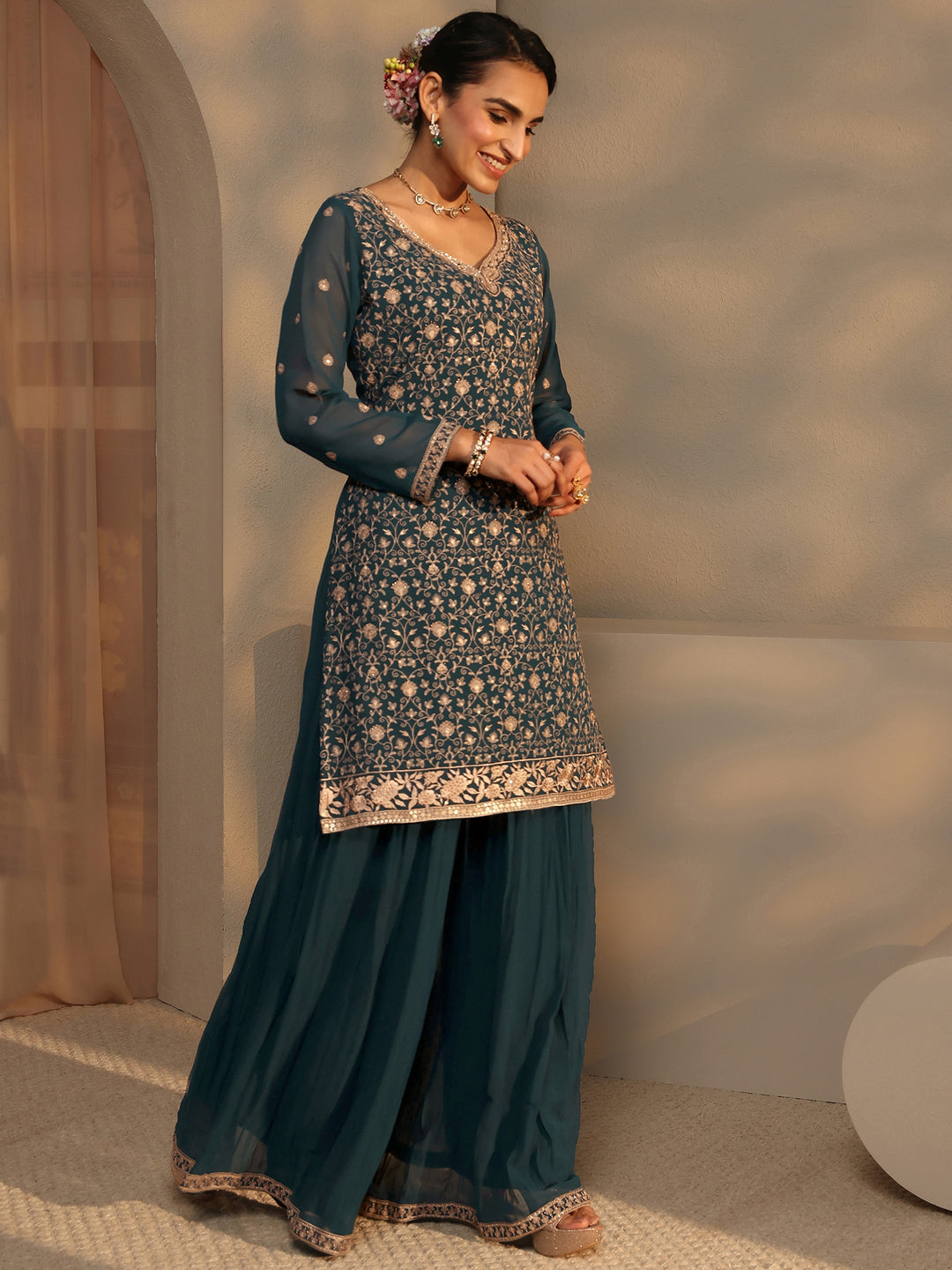  Libas Art Teal Embroidered Georgette Straight Suit Set With Dupatta 