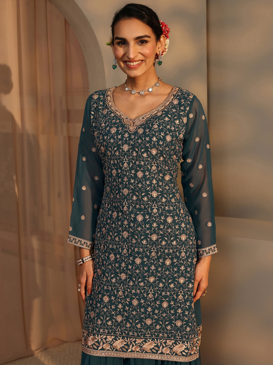  Libas Art Teal Embroidered Georgette Straight Suit Set With Dupatta 