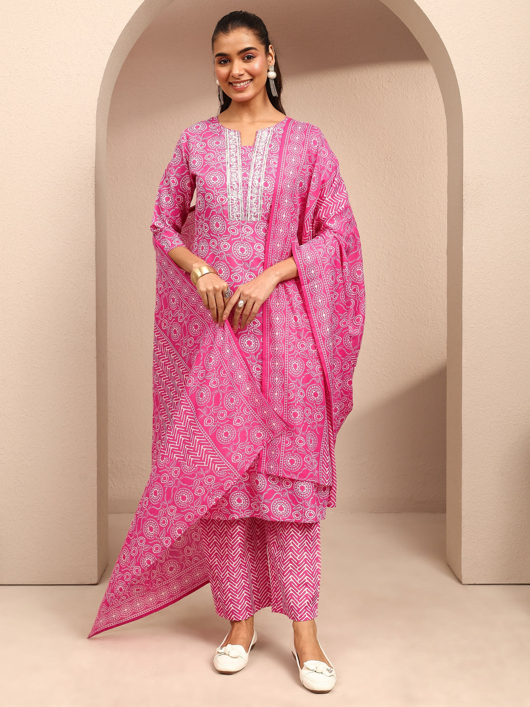  Pink Printed Cotton Blend Straight Suit Set With Dupatta 