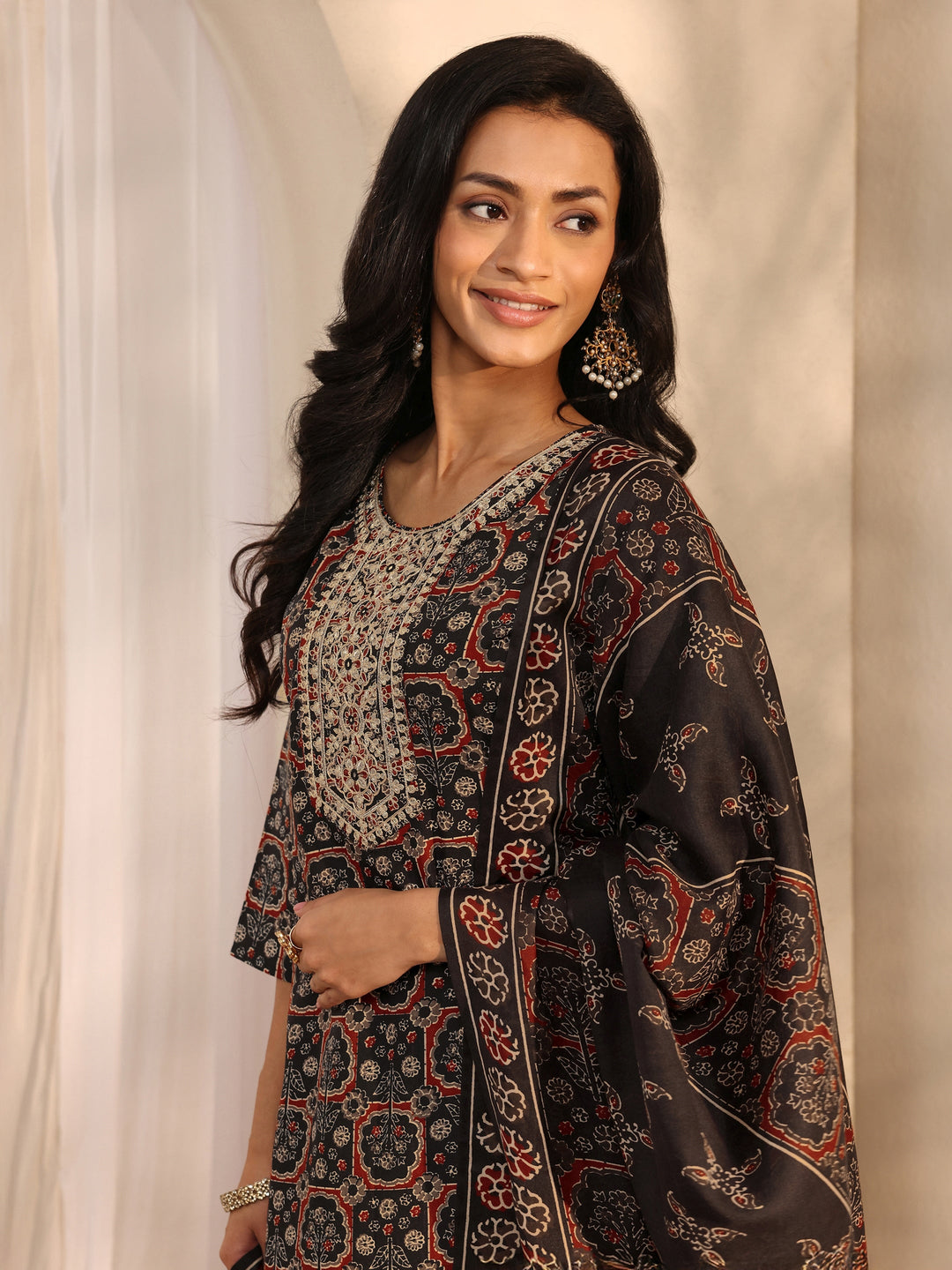 Black Ajrak Printed Cotton Blend Straight Suit Set With Dupatta 