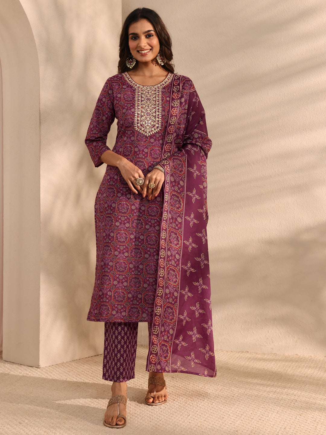  Burgundy Ajrak Printed Cotton Blend Straight Suit Set With Dupatta 