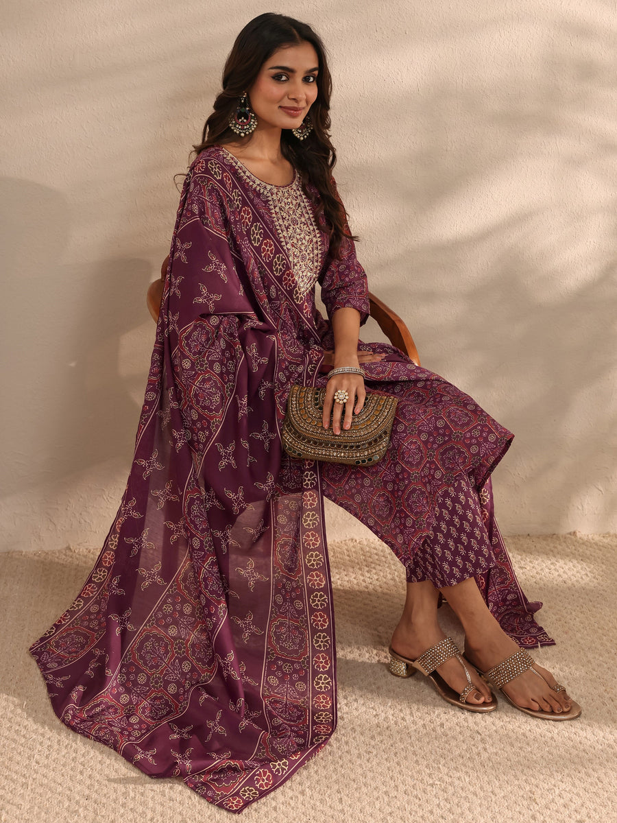 Burgundy Ajrak Printed Cotton Blend Straight Suit Set With Dupatta