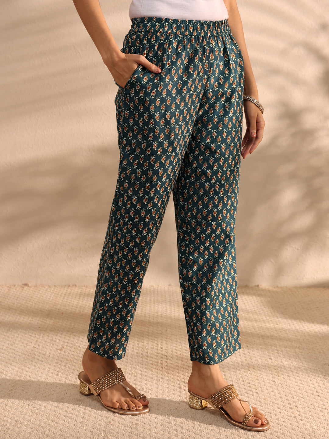  Teal Ajrak Printed Cotton Blend Straight Suit Set With Dupatta 