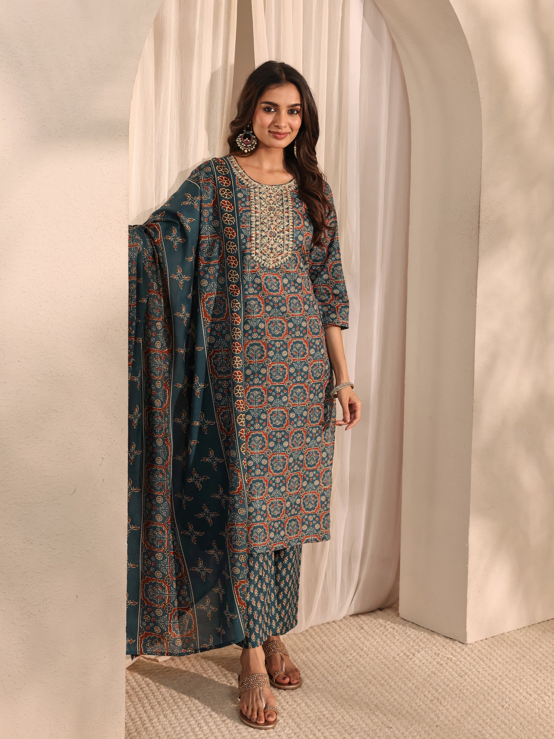 Teal Ajrak Printed Cotton Blend Straight Suit Set With Dupatta-image-28
