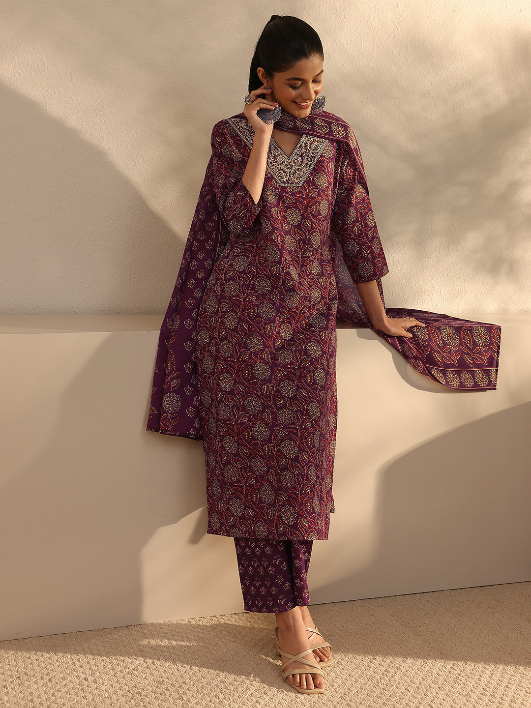 libas Maroon Floral Printed Cotton Blend Straight Suits Set With Dupatta-picture-13