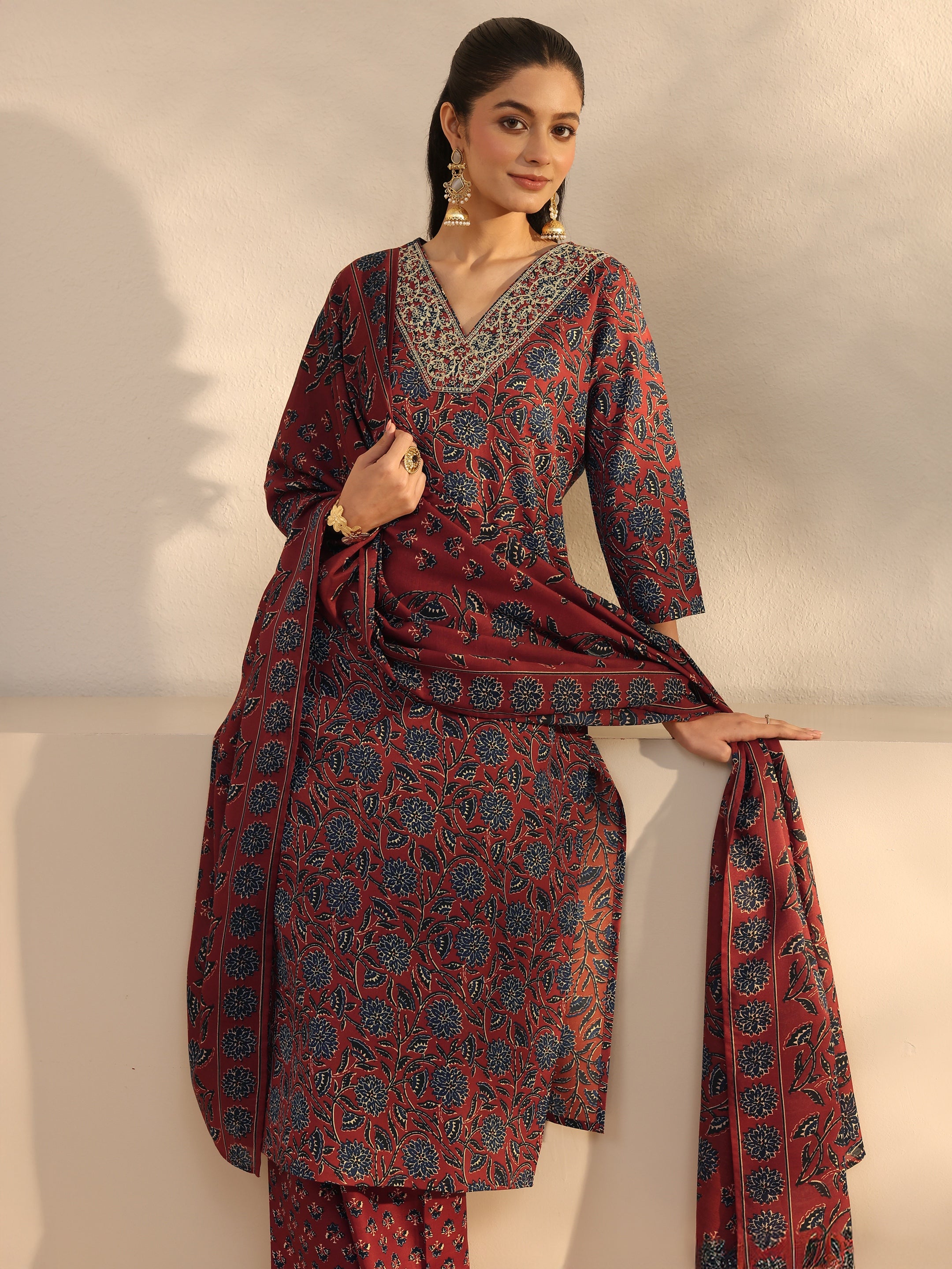 libas Burgundy Floral Printed Cotton Blend Straight Suits Set With Dupatta-picture-52