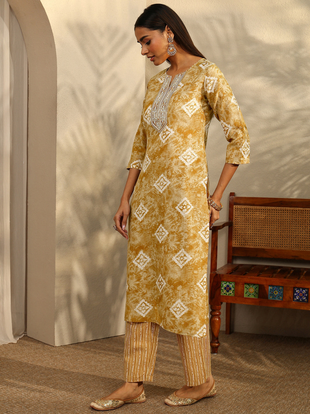  Mustard Block Printed Cotton Blend Straight Suit Set With Dupatta 