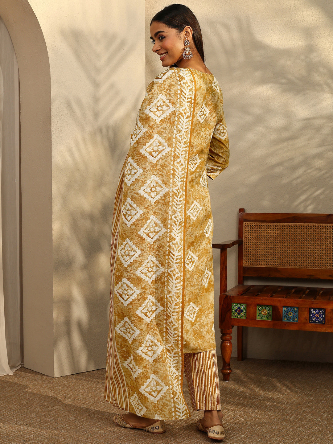  Mustard Block Printed Cotton Blend Straight Suit Set With Dupatta 